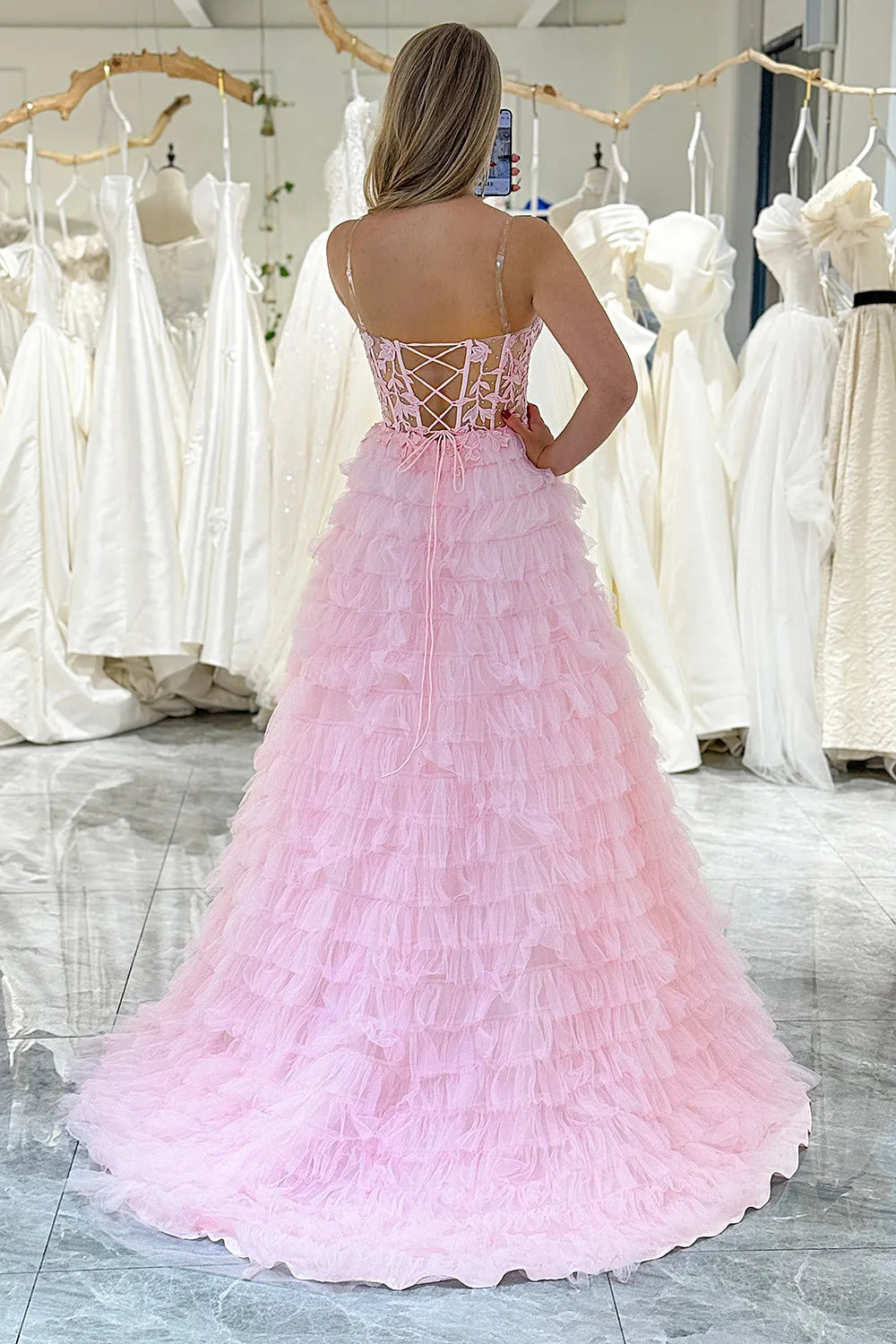 Wholesale Cute Pink A-Line Sweetheart Lace Up Long Ruffle Tulle Prom Dress